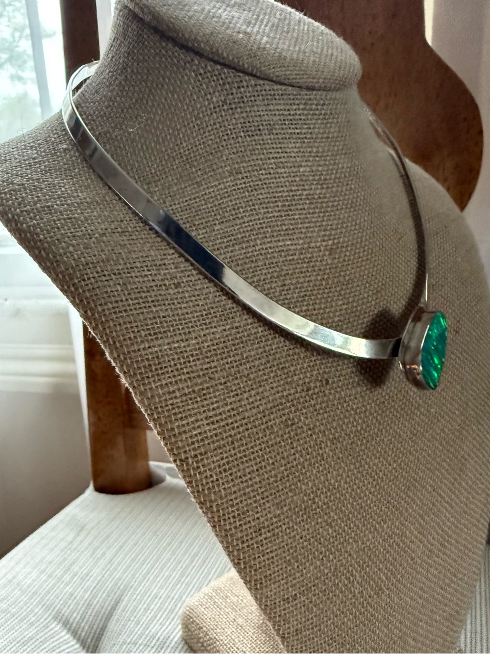 Taxco Mexico Sterling Silver Choker Necklace w/Green Opal Center 16 in vintage - Picture 4 of 17